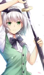 Rule 34 | &gt;:(, 1girl, absurdres, arm up, black bow, black bowtie, black hairband, black ribbon, blurry, blush, bow, bowtie, closed mouth, depth of field, frown, glint, green eyes, green vest, hair ribbon, hairband, highres, holding, holding sword, holding weapon, katana, konpaku youmu, looking at viewer, noe noel, petals, puffy short sleeves, puffy sleeves, ribbon, scabbard, serious, sheath, shirt, short hair, short sleeves, silver hair, simple background, solo, sword, touhou, unsheathing, upper body, v-shaped eyebrows, vest, weapon, white background, white shirt