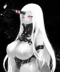 Rule 34 | 10s, 1girl, abyssal ship, bare shoulders, blush, breasts, cait aron, detached sleeves, dress, horns, kantai collection, large breasts, long hair, pale skin, red eyes, ribbed dress, seaport princess, sideboob, single horn, solo, very long hair, white hair