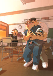 Rule 34 | 2boys, animal ears, bara, blush, brown fur, bulge, classroom, desk, dog boy, dog ears, fangs, fat, fat man, flying sweatdrops, furry, furry male, furry with non-furry, gakuran, highres, hug, hug from behind, interspecies, inutora08, male focus, moritaka (housamo), multiple boys, muscular, muscular male, outstretched arms, protagonist 3 (housamo), school desk, school uniform, shirt, shoes, short hair, shy, sideburns, smile, sneakers, standing, surprise hug, thick eyebrows, tokyo houkago summoners, wavy mouth, yaoi