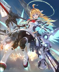 Rule 34 | + +, 1girl, :d, ahoge, aircraft, airship, android, artist request, blonde hair, blue eyes, cloud, cloudy sky, fang, from below, hair intakes, halo, headset, lance, long hair, looking at viewer, looking down, mechanical wings, official art, open mouth, polearm, ralmia sonic racer, rocket boots, shadowverse, skin fang, sky, smile, solo, thrusters, weapon, wings