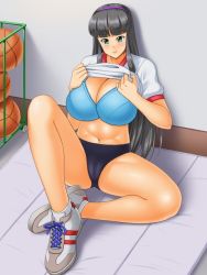 Rule 34 | 1girl, basketball, bra, breasts, buruma, huge breasts, kawanuma uotsuri, long hair, saionji natsu, sitting, solo, underwear