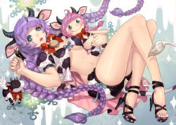 Rule 34 | 1girl, animal ears, bell, blue eyes, braid, breasts, cow, cow ears, cow horns, cow tail, doll, feet, high heels, horns, long hair, olivia (yh), purple hair, sandals, shoes, solo, stuffed toy, tail, toes, underboob, very long hair