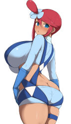 Rule 34 | 1girl, ass, blue eyes, blue shirt, blush, breasts, butt crack, commentary, creatures (company), game freak, highres, huge breasts, long hair, long sleeves, looking at viewer, looking back, nintendo, open mouth, pokemon, pokemon bw, red hair, shirt, short shorts, shorts, sidelocks, simple background, skyla (pokemon), solo, standing, symbol-only commentary, white background, yamaori