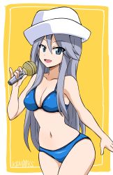 Rule 34 | 1girl, absurdres, bikini, blue bikini, blue eyes, breasts, cleavage, commentary, cowboy shot, dixie cup hat, flint (girls und panzer), girls und panzer, hat, highres, holding, holding microphone, long hair, looking at viewer, medium breasts, microphone, military hat, navel, one-hour drawing challenge, open mouth, outside border, pinky out, ponzu rui, silver hair, smile, solo, standing, swimsuit, twitter username, white hat, yellow background