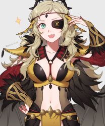 Rule 34 | 1girl, blonde hair, breasts, clothing cutout, collarbone, eyepatch, feather trim, fire emblem, fire emblem fates, fire emblem heroes, gold trim, green eyes, highres, long hair, looking at viewer, medium breasts, navel, navel cutout, nintendo, o-ring, official alternate costume, open mouth, ophelia (fire emblem), peach11 01, smile, solo