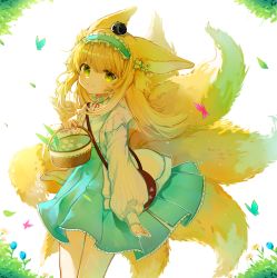 Rule 34 | 1girl, animal, animal ears, animal on head, arknights, bag, basket, blonde hair, blue hairband, blue nails, blue skirt, blush, brown bag, cardigan, cowboy shot, doubleone89153, fox ears, fox girl, fox tail, frilled hairband, frills, green eyes, hairband, high-waist skirt, highres, holding, holding basket, long hair, long sleeves, looking at viewer, luo xiaohei, multicolored hair, nail polish, on head, open cardigan, open clothes, pleated skirt, satchel, shirt, shoulder bag, simple background, skirt, smile, solo, streaked hair, suzuran (arknights), tail, luo xiaohei zhanji, white background, white cardigan, white hair, white shirt