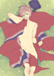 Rule 34 | 1boy, axis powers hetalia, clenched hand, closed mouth, covering privates, dethmath, grass, groin, hair ornament, hairclip, hat, unworn hat, unworn headwear, lying, male focus, navel, nipples, norway (hetalia), norwegian flag, nude, on back, perineum, pubic hair, purple eyes, smile, solo, x hair ornament