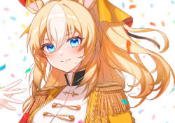 1girl animal_ears blonde_hair blue_eyes bodysuit bow closed_mouth commentary_request confetti cover cropped_jacket durandal_(umamusume) ear_covers epaulettes fourragere gloves hair_between_eyes highres horse_ears horse_girl jacket long_hair long_sleeves multicolored_hair orange_bow orange_jacket sindo_pink single_ear_cover smile solo two-tone_hair umamusume upper_body wavy_mouth white_background white_bodysuit white_gloves