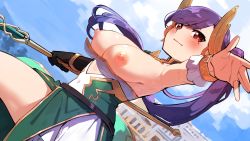 Rule 34 | 1girl, absurdres, armpits, black gloves, blue sky, blush, bracelet, breasts, breasts out, bright pupils, building, clothes pull, cloud, collar, covered navel, cowboy shot, day, dress, dress pull, dutch angle, gloves, goe (g-o-e), gold trim, green dress, hands up, headpiece, highres, holding, holding polearm, holding weapon, jewelry, large breasts, layered dress, leg up, liu mei fan, long hair, looking at viewer, mole, mole under eye, nipples, official alternate costume, outdoors, outstretched arms, parted lips, polearm, purple hair, red eyes, shoujo kageki revue starlight, shoujo kageki revue starlight -re live-, side ponytail, single glove, sky, solo, standing, strapless, strapless dress, swept bangs, very long hair, weapon, white dress, wrist cuffs