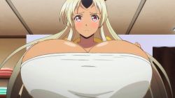 Rule 34 | 10s, 1girl, animated, animated gif, blush, bouncing breasts, breasts, cleavage, dark skin, dark-skinned female, third-party edit, female focus, gigantic breasts, horns, long hair, looking at viewer, monster girl, monster musume no iru nichijou, ogre, red eyes, single horn, solo, third-party edit, tionishia