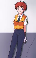Rule 34 | 1girl, absurdres, against wall, arms behind back, collared shirt, gloves, highres, izumi noa, jeff miga, kidou keisatsu patlabor, leaning back, looking to the side, necktie, orange hair, pants, patch, police, police uniform, purple eyes, shirt, short hair, short sleeves, shoulder patch, smile, solo, uniform, vest, white shirt, yellow vest