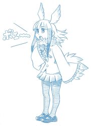 Rule 34 | 10s, 1girl, bbb (friskuser), blue theme, blunt bangs, commentary request, feather-trimmed sleeves, feather trim, full body, greyscale, hand on own chest, head wings, highres, japanese crested ibis (kemono friends), kemono friends, long hair, long sleeves, mary janes, md5 mismatch, monochrome, music, open mouth, pantyhose, pleated skirt, shoes, sidelocks, simple background, singing, skirt, solo, tail, translated, white background, wide sleeves, wings