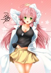 Rule 34 | 1girl, :d, akashi (kancolle), alternate costume, arm behind head, arms up, black tank top, breasts, cleavage, collarbone, dog tags, gradient background, green eyes, kantai collection, lab coat, large breasts, long hair, long sleeves, looking at viewer, midriff peek, open mouth, pink hair, pleated skirt, red background, signature, skirt, smile, solo, star (symbol), starry background, striped, striped background, tank top, yellow skirt, yua (checkmate)