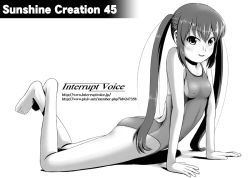Rule 34 | 1girl, arm support, bad anatomy, bad feet, barefoot, competition swimsuit, feet, greyscale, long hair, lying, monochrome, on stomach, one-piece swimsuit, original, poorly drawn, solo, swimsuit, tk4, twintails