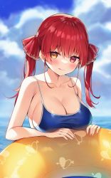 Rule 34 | 1girl, :q, ayamy, bare arms, bare shoulders, blue one-piece swimsuit, breasts, cleavage, closed mouth, cloud, collarbone, competition school swimsuit, day, hair ribbon, heterochromia, highres, hololive, houshou marine, innertube, large breasts, long hair, looking at viewer, one-piece swimsuit, outdoors, red eyes, ribbon, school swimsuit, sideboob, smile, solo, spaghetti strap, swim ring, swimsuit, tongue, tongue out, twintails, virtual youtuber, wet, yellow eyes