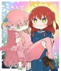 Rule 34 | 2girls, blue choker, blue dress, blue eyes, bocchi the rock!, brown footwear, carrying, choker, closed mouth, cube hair ornament, dress, glitch, gotoh hitori, green eyes, hair between eyes, hair ornament, highres, jacket, kita ikuyo, konori (ahurerukuiizi), loafers, long hair, long sleeves, looking down, multiple girls, one side up, open mouth, pants, pink hair, pink jacket, pink pants, princess carry, red hair, shoes, smile, sparkling eyes, track jacket, track pants