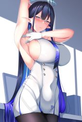Rule 34 | 1girl, armpits, blue archive, breasts, glasses, gloves, highres, large breasts, long hair, ootori subaru, pointy ears, rin (blue archive), sideboob, solo, spread armpit, very long hair, white gloves