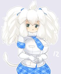 Rule 34 | 1girl, alternate hairstyle, animal ear fluff, animal ears, blue necktie, blue skirt, blush, breasts, commentary request, cowboy shot, elbow gloves, gloves, grey eyes, highres, kemono friends, large breasts, lets0020, lion ears, lion girl, lion tail, long hair, looking at viewer, medium bangs, necktie, numbered, open mouth, plaid, plaid necktie, plaid skirt, pleated skirt, shirt, short sleeves, simple background, skirt, smile, solo, tail, two side up, white gloves, white hair, white lion (kemono friends), white shirt