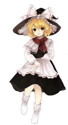 Rule 34 | 1girl, :d, apron, black hat, black skirt, blonde hair, bobby socks, bow, capelet, commentary request, full body, hat, hat bow, highres, kirisame marisa, long sleeves, no shoes, open mouth, perfect cherry blossom, red scarf, scarf, short hair, shoudoku taishi (taishi), simple background, skirt, smile, socks, solo, touhou, waist apron, white apron, white background, white bow, white socks, witch hat, yellow eyes