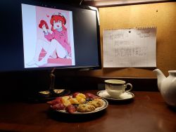 Rule 34 | 1girl, 2d dating, absurdres, ass, bird, blueberry, buruma, cookie, corkboard, cup, desk, english text, food, from below, fruit, heart, highres, indoors, jacket, jakuzure nonon, japanese text, kill la kill, lined paper, monitor, once 11h, open mouth, orange (fruit), paper, photo (medium), pin, plate, saucer, shoes, sitting, sneakers, solo, strawberry, swan, tea, teacup, teapot, teeth, track jacket
