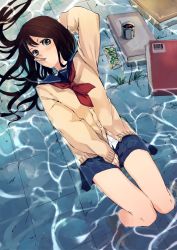 Rule 34 | 1girl, bad id, bad pixiv id, book, brown hair, cardigan, coffee, covering privates, covering crotch, knees together feet apart, long hair, mouth hold, original, ryusui, school uniform, serafuku, skirt, solo, submerged, thigh gap, usui ryuu, water, wet, wet clothes