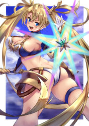 Rule 34 | 1girl, absurdres, armor, ass, bad anatomy, bare shoulders, bikini, blonde hair, blue bikini, blue eyes, blue gloves, blue sky, blush, border, bradamante (fate), braid, breasts, butt crack, cleavage, crown braid, duplicate, elbow gloves, energy barrier, energy shield, fate/grand order, fate (series), faulds, gloves, highleg, highleg bikini, highres, kent0320, large breasts, long hair, looking at viewer, looking back, navel, open mouth, scepter, sky, smile, solo, swimsuit, thigh strap, thighs, twintails, two-tone bikini, two-tone gloves, very long hair, white bikini, white border, white gloves