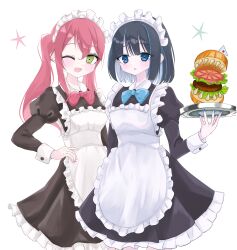 Rule 34 | 2girls, absurdres, alternate costume, apron, black hair, blue eyes, blue hair, bow, bowtie, burger, evil twin ki-sikil, evil twin lil-la, green eyes, highres, hungry burger, ki-sikil (yu-gi-oh!), lil-la (yu-gi-oh!), maid, maid headdress, multicolored hair, multiple girls, red hair, standing, thicca, two-tone hair, white background, yu-gi-oh!