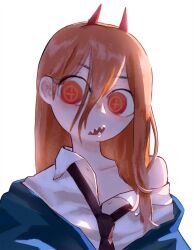 Rule 34 | 1girl, absurdres, black necktie, blue jacket, chainsaw man, collared shirt, cross-shaped pupils, gurumo (twitter), hair between eyes, highres, horns, jacket, jacket partially removed, long hair, looking to the side, necktie, off shoulder, open mouth, orange hair, power (chainsaw man), red eyes, red horns, sharp teeth, shirt, simple background, small horns, solo, symbol-shaped pupils, teeth, white background, white shirt