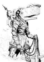 Rule 34 | 1other, animal head, armor, breastplate, commentary, english commentary, greyscale, highres, holding, holding weapon, impaled, inktober, monochrome, monster, no humans, original, pauldrons, shoulder armor, simple background, solo, sperm whale, standing, vambraces, weapon, white background, y naf
