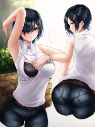 Rule 34 | ..., 1girl, arched back, arm up, armpits, ass, bare arms, belt, black bra, black hair, bra, bracelet, brick wall, brown belt, buttons, commentary request, cropped legs, denim, earrings, flashing, hair over one eye, highres, hikari (komitiookami), jewelry, looking at viewer, multiple views, nursing clothes, original, pants, pantylines, profile, red eyes, short hair, sleeveless, spoken ellipsis, stud earrings, sweater, underwear, white background, wing collar