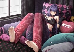 Rule 34 | 1girl, absurdres, akuma nihmune, arm warmers, barefoot, bed, belt, black nails, bra, breasts, cuffs, curtains, demon horns, emoji, eyebrows visible through hat, feet, handcuffs, heart, heart-shaped pillow, highres, horns, ikea shark, indie virtual youtuber, large breasts, lobsteranian, long hair, nail polish, on bed, open mouth, pants, pillow, plaid, plaid pants, purple hair, stuffed animal, stuffed shark, stuffed toy, toenail polish, toenails, underwear, virtual youtuber, window