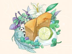Rule 34 | abaoyin, baklava, flower, food, food focus, fruit, leaf, lime (fruit), no humans, original, painttool sai (medium), panda, plate, rabbit