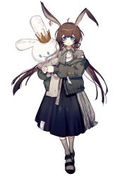 Rule 34 | 1girl, :&lt;, :o, ahoge, alternate costume, amiya (arknights), animal ears, arknights, ascot, black footwear, black skirt, blouse, blue eyes, brown hair, collared shirt, cot (co2cotton), crown, ear ornament, full body, grey jacket, grey shirt, grey socks, highres, holding, holding toy, inflatable toy, jacket, light blush, long hair, looking at viewer, off shoulder, open clothes, open jacket, rabbit ears, sandals, shirt, simple background, skirt, socks, solo, straight-on, tachi-e, toy, twintails, very long hair, white ascot, white background