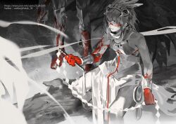 Rule 34 | 1boy, 1girl, bare shoulders, blood, blood on hands, blood on shoes, bracer, closed mouth, commentary, facepaint, fate/grand order, fate (series), feathers, hair between eyes, headdress, highres, holding, holding weapon, holding whip, izcalli (fate), kalak 39, looking at viewer, monochrome, pelvic curtain, pixiv id, revealing clothes, short hair, sitting, spot color, standing, symbol-only commentary, tenochtitlan (fate), tenochtitlan (first ascension) (fate), twitter username, weapon, whip