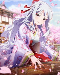 Rule 34 | 10s, 1girl, artist request, idolmaster, idolmaster (classic), idolmaster million live!, japanese clothes, kimono, layered clothes, layered kimono, long hair, looking at viewer, official art, petals, pink eyes, shijou takane, silver hair