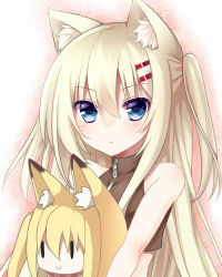 Rule 34 | 1girl, animal ears, bad id, bad pixiv id, bare shoulders, blue eyes, cat ears, character doll, fox ears, hair ornament, hairclip, long hair, lowres, original, side ponytail, sleeveless, smile, solo, stuffed toy, twintails, white hair, yatsuki yura, | |