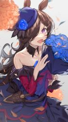 Rule 34 | 1girl, 523 (user efcm2455), :d, absurdres, animal ears, bare shoulders, blue flower, blue headwear, blue rose, blush, bouquet, brown hair, collarbone, crying, crying with eyes open, detached collar, detached sleeves, dress, flower, from below, hair over one eye, happy tears, highres, holding, holding bouquet, horse ears, long hair, long sleeves, looking at viewer, looking up, open mouth, petals, purple dress, purple eyes, rice shower (umamusume), rose, sheath, sheathed, smile, solo, strapless, strapless dress, tears, tilted headwear, umamusume, very long hair, weapon