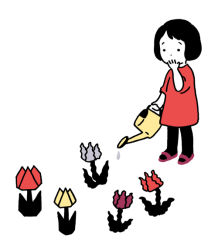 Rule 34 | 1girl, black hair, black legwear, covering own mouth, dot nose, dress, flat color, hand over own mouth, hand up, hirasawa minami, holding, holding watering can, looking down, origami, original, purple footwear, red dress, sandals, short hair, short sleeves, simple background, solo, standing, watering can, white background