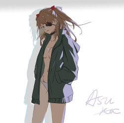 Rule 34 | 1girl, absurdres, artist request, blue eyes, breasts, brown hair, choker, cleavage, evangelion: 3.0+1.0 thrice upon a time, expressionless, eyepatch, female focus, green jacket, hair ornament, hands in pockets, highres, jacket, long hair, looking at viewer, medium breasts, micro panties, navel, neon genesis evangelion, no bra, open clothes, open jacket, panties, rebuild of evangelion, simple background, solo, souryuu asuka langley, standing, thighs, underwear, white background, white panties