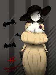 Rule 34 | 1girl, ^ ^, alcina dimitrescu, breasts, cleavage, closed eyes, dress, highres, huge breasts, korchevskytea, legs, long dress, md5 mismatch, resident evil, resident evil village, resolution mismatch, self-upload, solo, source smaller, standing, vampire