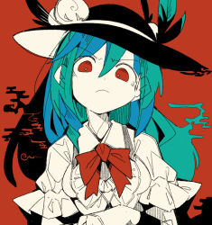 Rule 34 | 1girl, black hat, blouse, blue eyes, blue hair, bow, bowtie, breasts, bright pupils, closed mouth, collared shirt, ears visible through hair, food, frilled sleeves, frills, frown, fruit, hair between eyes, hand up, hat, hat ribbon, hatching (texture), high contrast, hinanawi tenshi, leaf, limited palette, linear hatching, long hair, looking at viewer, massakasama, medium breasts, partially unbuttoned, peach, red background, red bow, red eyes, ribbon, see-through, see-through sleeves, shirt, short sleeves, smoke, solo, straight-on, touhou, upper body, v-shaped eyebrows, white pupils, white shirt, wing collar