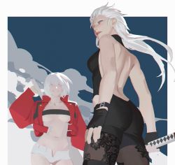 Rule 34 | 2girls, blue eyes, breasts, dante (devil may cry), devil may cry (series), genderswap, genderswap (mtf), gloves, highres, jacket, long hair, multiple girls, pants, pantyhose, shirt, short shorts, shorts, simple background, sword, underboob, vergil (devil may cry), weapon, white hair, yaoyao794