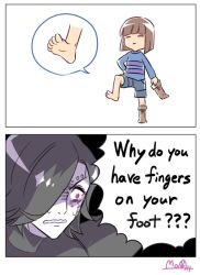 Rule 34 | 1boy, 2koma, = =, androgynous, android, bad id, bad twitter id, black hair, boots, brown hair, closed eyes, colored skin, comic, commentary, constricted pupils, denim, denim shorts, english text, frisk (undertale), grey skin, hair over one eye, hato moa, knee boots, mettaton, mettaton ex, purple eyes, shaded face, shirt, shoes, shorts, signature, simple background, single shoe, striped clothes, striped shirt, sweat, toes, undertale, unworn boot, unworn boots, wavy mouth, white background