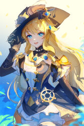 Rule 34 | 1girl, black gloves, blonde hair, blue eyes, bow, cowboy shot, detached sleeves, flower, genshin impact, gloves, hand up, hat, hat flower, highres, looking at viewer, navia (genshin impact), open mouth, ringlets, shanshanziyu, ship&#039;s wheel ornament, smile, solo, vision (genshin impact), yellow bow