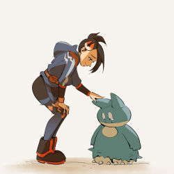 Rule 34 | 1girl, absurdres, black eyes, black footwear, black hair, boots, closed mouth, commentary, creatures (company), from side, game freak, gen 4 pokemon, grey jacket, hair ornament, hand on own knee, headpat, highres, jacket, jody tseng, leaning forward, long sleeves, looking down, mai (pokemon), munchlax, nintendo, pantyhose, pokemon, pokemon (creature), pokemon legends: arceus, short hair, skirt, smile, squatting, white background
