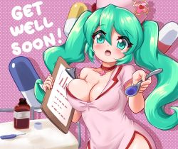 Rule 34 | 1girl, alternate costume, blush, breast rest, breasts, choker, cleavage, covered navel, cross, cross choker, dress, green eyes, green hair, hat, hatsune miku, highres, large breasts, long hair, looking at viewer, medicine bottle, mud (artist), nurse, nurse cap, open mouth, pill, red choker, short sleeves, solo, spoon, vocaloid