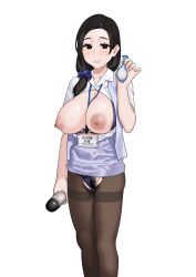 Rule 34 | 1girl, absurdres, black eyes, black hair, black pantyhose, black pubic hair, blue bra, blue panties, bra, bra pull, breasts, breasts out, button gap, clothes pull, collared shirt, condom, cum, feet out of frame, female pubic hair, fffukuzawa, full body, grin, hand up, highres, holding, holding condom, id card, lanyard, large areolae, large breasts, long hair, looking at viewer, low ponytail, mole, mole under eye, nipples, office lady, open clothes, open shirt, original, panties, panties under pantyhose, pantyhose, partially unbuttoned, pubic hair, scrunchie, shirt, simple background, smile, solo, standing, straight hair, sweat, torn clothes, torn pantyhose, translation request, underwear, used condom, white background, white shirt