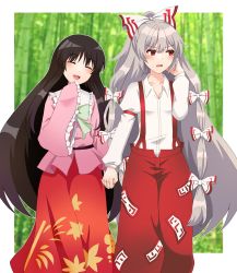 Rule 34 | 2girls, :d, bamboo, bamboo forest, black hair, border, bow, collared shirt, closed eyes, forest, frilled sleeves, frills, fujiwara no mokou, green bow, grey hair, hair bow, hand in own hair, highres, holding hands, houraisan kaguya, long hair, long sleeves, looking to the side, multiple bows, multiple girls, nature, ofuda, ofuda on clothes, oni tama, open mouth, outdoors, pants, pink shirt, red eyes, red pants, red skirt, shirt, skirt, smile, standing, suspenders, touhou, white border, white bow, white shirt, wide sleeves