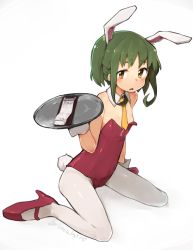 Rule 34 | 10s, 1girl, animal ears, bad id, bad twitter id, blush, brown eyes, detached collar, fake animal ears, full body, green hair, high heels, holding, kantai collection, leotard, looking at viewer, necktie, open mouth, pantyhose, playboy bunny, rabbit ears, rabbit tail, rimukoro, short hair, simple background, sitting, solo, tail, takanami (kancolle), tray, twitter username, wariza, white background, white pantyhose