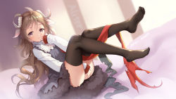 Rule 34 | 1girl, :o, ahoge, aliter, animal ears, arknights, artist name, ass, between legs, blurry, blurry background, blush, brown eyes, brown hair, brown thighhighs, commentary request, curled horns, depth of field, dress, dutch angle, eyjafjalla (arknights), feet, fur-trimmed dress, fur trim, grey dress, hand between legs, hand to own mouth, hand up, highres, horns, legs up, long hair, long sleeves, looking at viewer, no shoes, one side up, parted lips, shirt, sidelocks, signature, sleeveless, sleeveless dress, sleeves past wrists, solo, thighhighs, toes, very long hair, white shirt